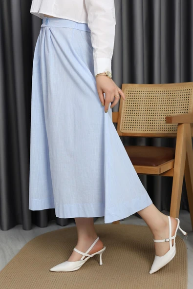 Flam Keten Düğmeli Etek Mavi - Resim 5
