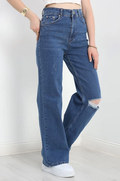 Lazer Kesim Palazzo Kot Pantolon Mavi1 - Resim 5