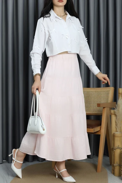 Müslin Kumaş Kat Kat Etek Pembe - Resim 2