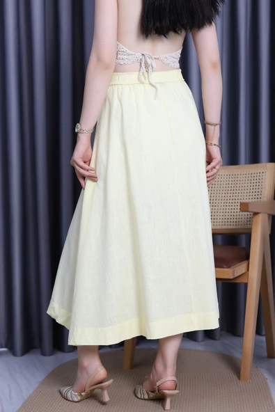 Flam Keten Düğmeli Etek Sarı - Resim 6