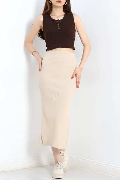 Kaşkorse Yırtmaçlı Etek Bej - Resim 2