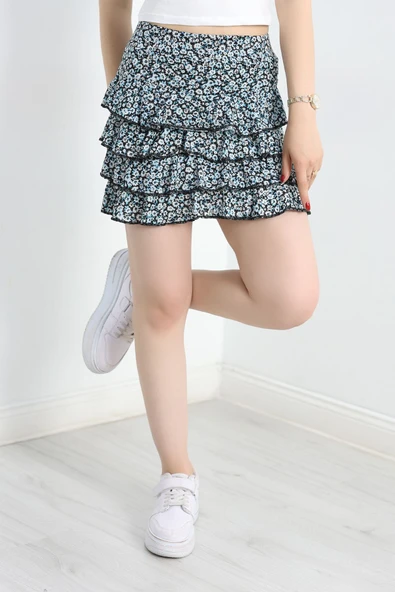 Desenli Kat Kat Mini Etek Turkuaz - Resim 3