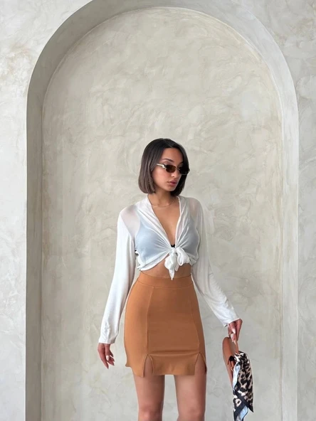 Çift yırtmaçlı etek camel s25910 - 3