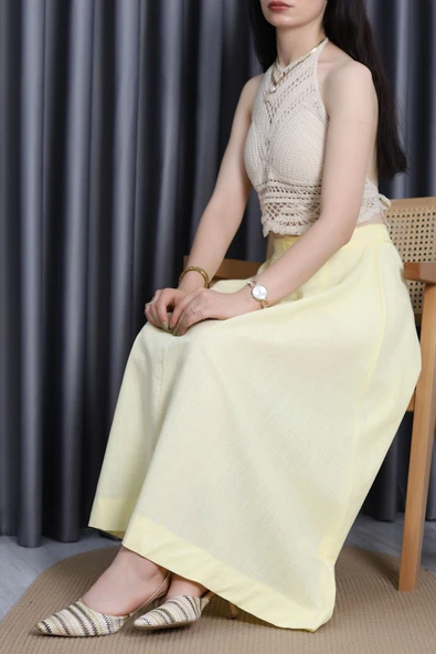 Flam Keten Düğmeli Etek Sarı - Resim 2