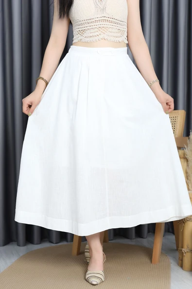 Flam Keten Düğmeli Etek Beyaz ürün görseli