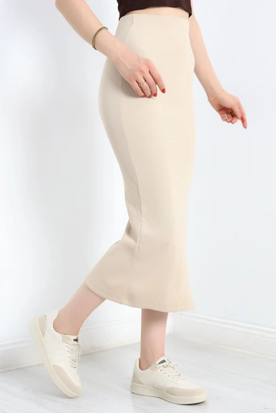 Kaşkorse Yırtmaçlı Etek Bej - Resim 3