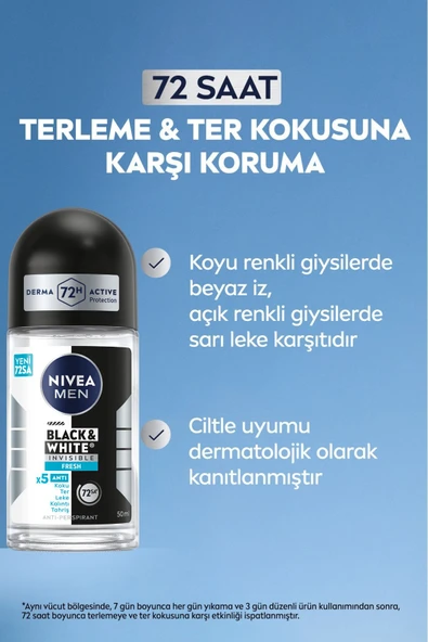 NIVEA MEN Erkek Roll-on Deodorant Black&white Invisible Fresh 50ml, 72 Saat Anti-Perspirant Ter Koruması - 2