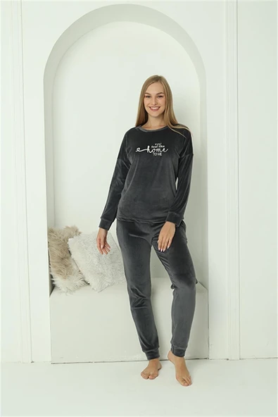 Moda Çizgi Kadın Kadife Füme Pijama Takım 20624 - 1