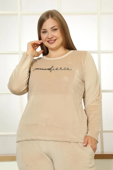 Moda Çizgi Büyük Beden Kadın Kadife Pijama Takım 9073 - 2