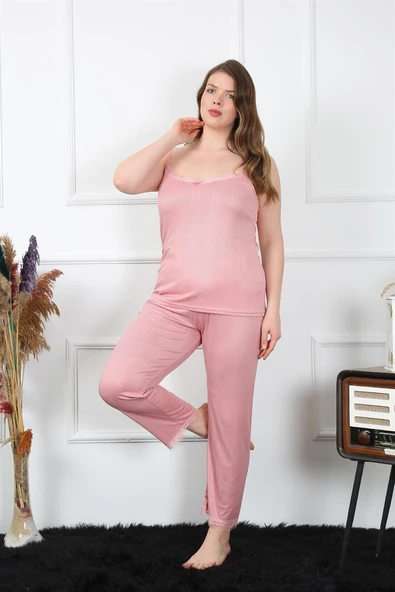 Moda Çizgi Kadın Büyük Beden Pudra İp Askılı Pijama Takım 202195 ürün görseli 1