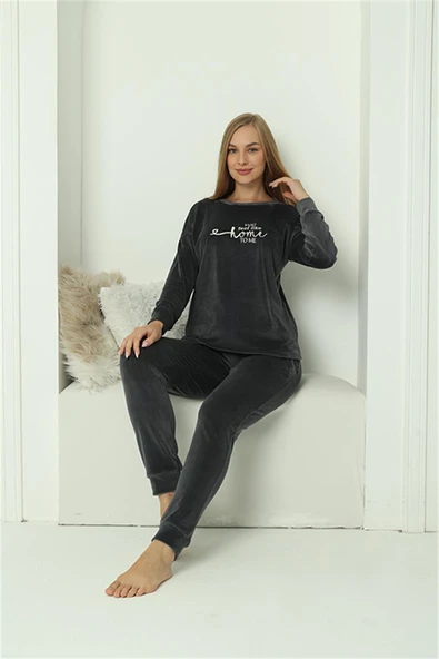 Moda Çizgi Kadın Kadife Füme Pijama Takım 20624 - 4