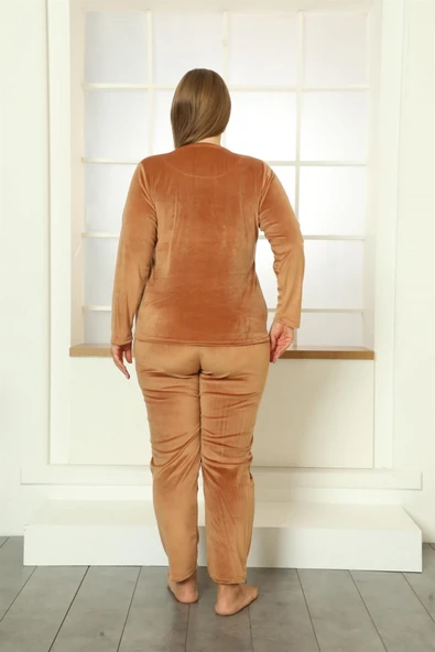Moda Çizgi Büyük Beden Kadın Kadife Pijama Takım 9074 - 3
