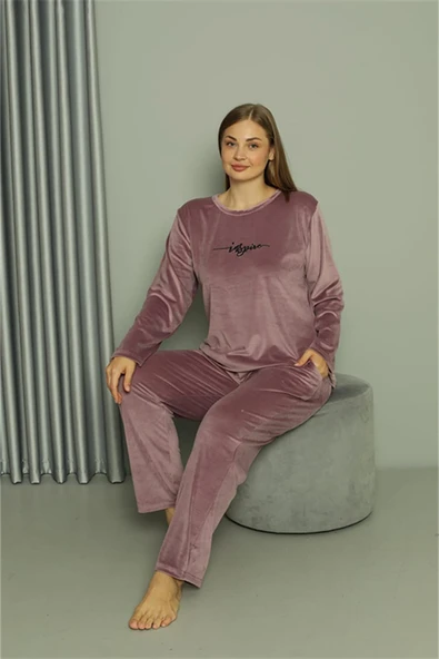 Moda Çizgi Büyük Beden Kadın Kadife Mor Pijama Takım 20628 - 2