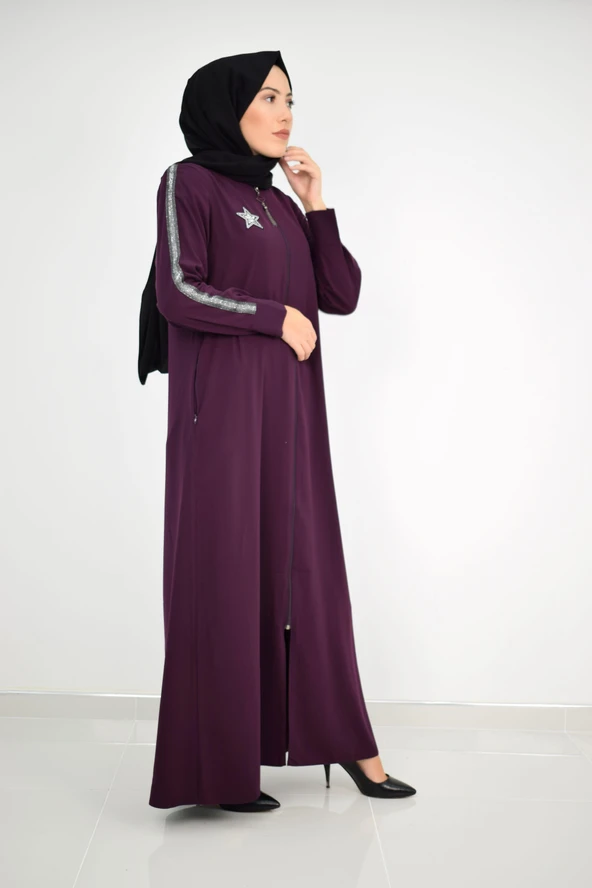 Yıldız Arma Desenli Kol Seritli Tesettür Ferace Mor 2176