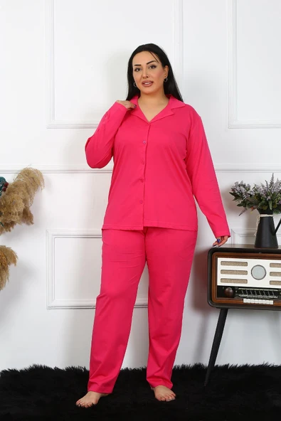 Moda Çizgi Kadın Büyük Beden Pamuklu Cepli Düğmeli Fuşya Pijama Takım 202401 - 5
