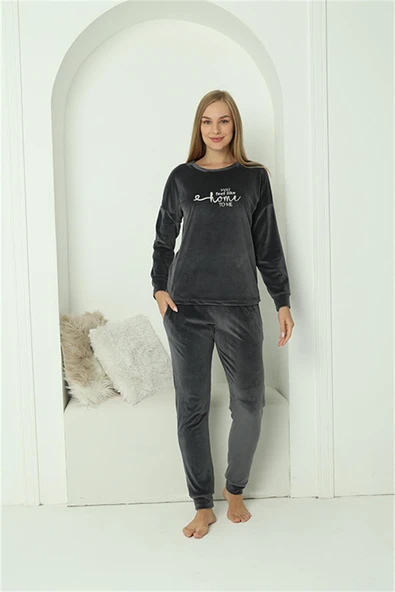 Moda Çizgi Kadın Kadife Füme Pijama Takım 20624 - 2