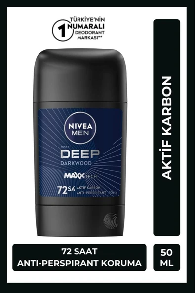 NIVEA MEN Erkek Stick Deodorant Deep Dimension Aktif Karbon 50ml, 72 Saat Anti-perspirant Koruma
