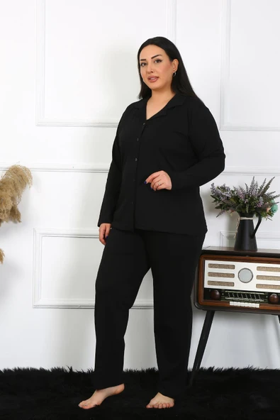 Moda Çizgi Kadın Büyük Beden Pamuklu Cepli Düğmeli Siyah Pijama Takım 202401 - 3