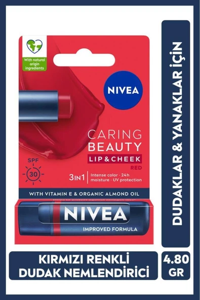 NIVEA Renkli Dudak Bakım Kremi,kırmızı,4,8gr,nemlendirme,spf30,doğal Yağlar,e Vitamini,dudak Ve Yanak Için