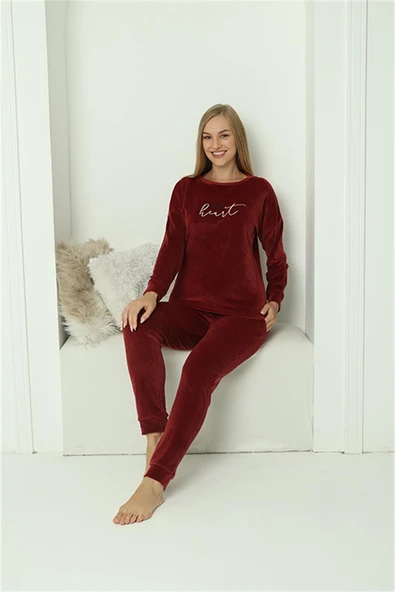 Moda Çizgi Kadın Kadife Bordo Pijama Takım 20624 - 6