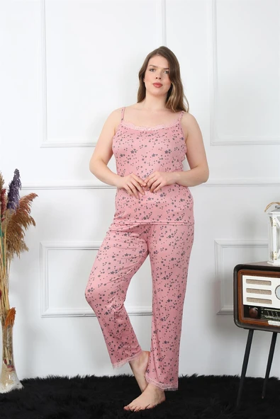 Moda Çizgi Kadın Büyük Beden Somon İp Askılı Pijama Takım 202198 - Resim 3