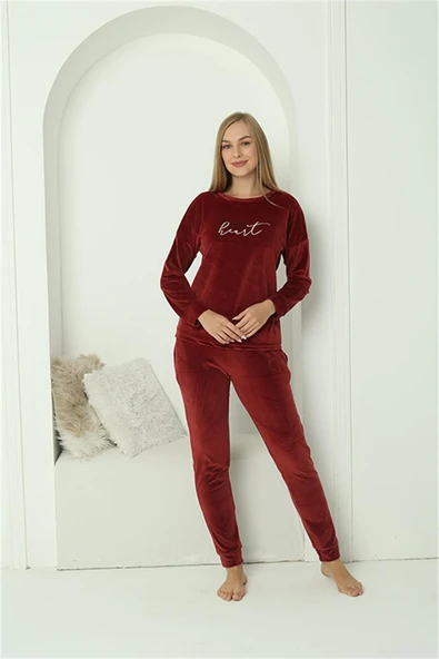 Moda Çizgi Kadın Kadife Bordo Pijama Takım 20624 - 4