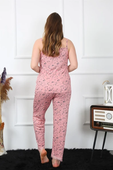 Moda Çizgi Kadın Büyük Beden Somon İp Askılı Pijama Takım 202198 - Resim 5