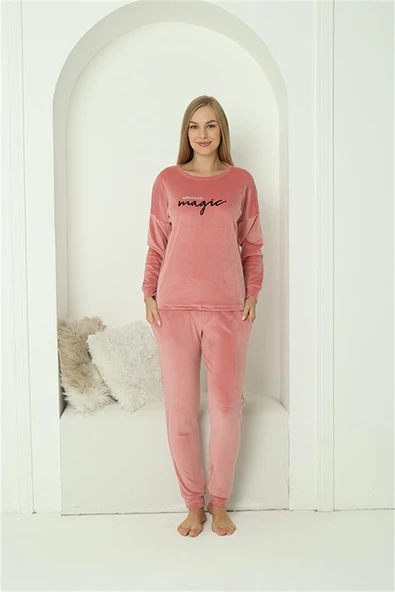 Moda Çizgi Kadın Kadife Pembe Pijama Takım 20624 - 2