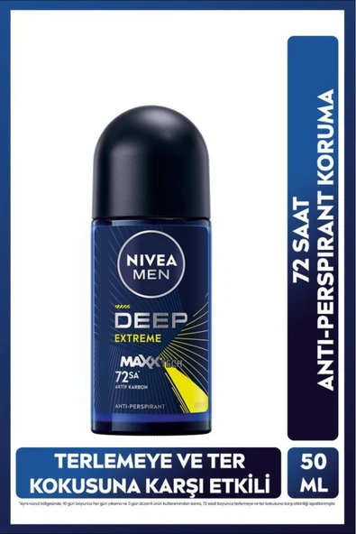 NIVEA Men Erkek Roll-on Deodorant Deep Extreme 50ml, 72 Saat Anti-perspirant Ter Koruma, Yeni Enerji