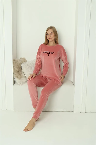 Moda Çizgi Kadın Kadife Pembe Pijama Takım 20624 - 4
