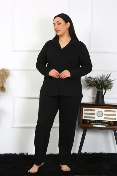Moda Çizgi Kadın Büyük Beden Pamuklu Cepli Düğmeli Siyah Pijama Takım 202401 - 4