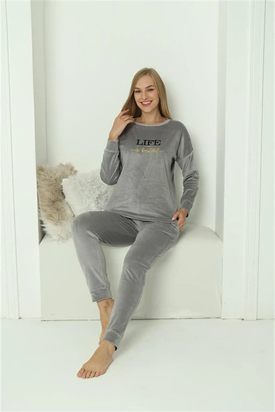 Moda Çizgi Kadın Kadife Gri Pijama Takım 20624 - 6