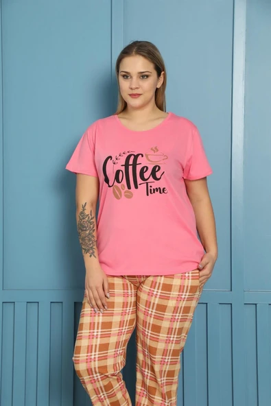 Moda Çizgi Kadın %100 Pamuk Kısa Kol Büyük Beden Pijama Takım 202156 ürün görseli 1