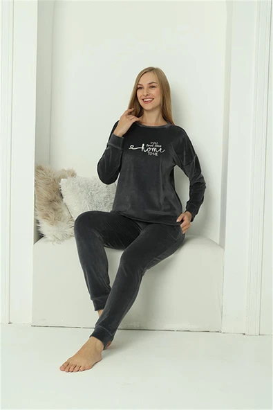 Moda Çizgi Kadın Kadife Füme Pijama Takım 20624 - 6