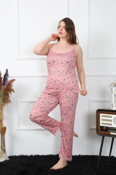 Moda Çizgi Kadın Büyük Beden Somon İp Askılı Pijama Takım 202198 - Resim 4