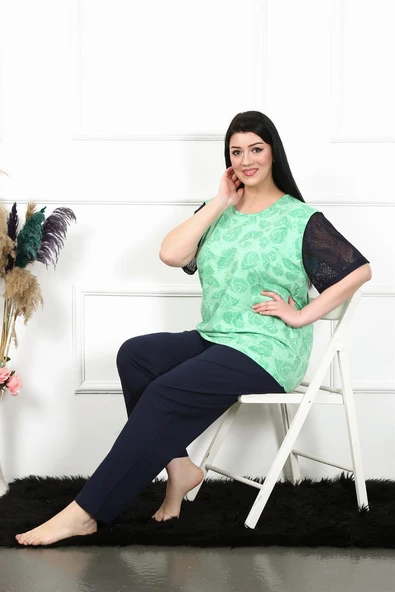 Moda Çizgi Kadın 5XL-6XL-7XL-8XL Büyük Beden Kısa Kol Pijama Takım 75004 - Resim 2