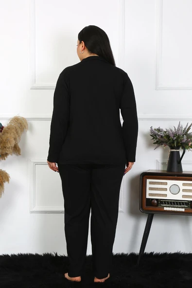 Moda Çizgi Kadın Büyük Beden Pamuklu Cepli Düğmeli Siyah Pijama Takım 202401 - 2