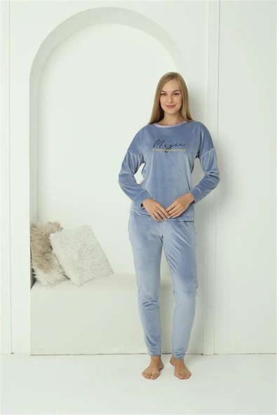Moda Çizgi Kadın Kadife Mavi Pijama Takım 20624 - 2