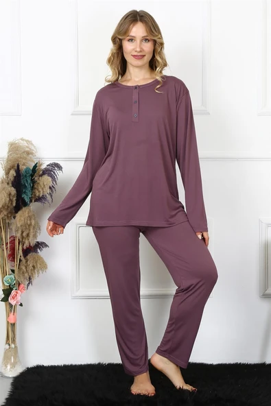 Moda Çizgi Kadın 4XL-5XL-6XL-7XL-8XL Büyük Beden Mürdüm Uzun Kol Pijama Takım 75013 ürün görseli 1