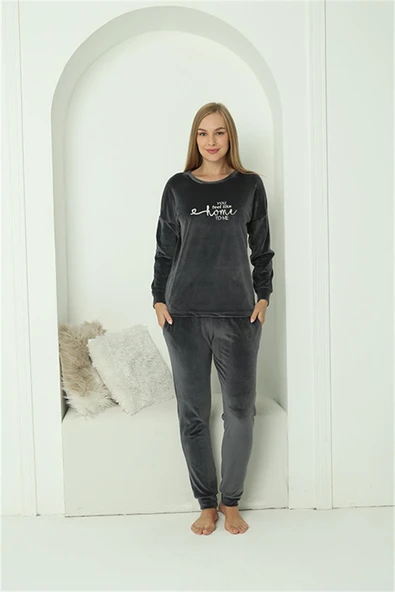 Moda Çizgi Kadın Kadife Füme Pijama Takım 20624 - 3