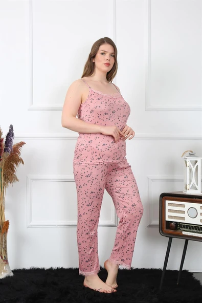 Moda Çizgi Kadın Büyük Beden Somon İp Askılı Pijama Takım 202198 ürün görseli 1