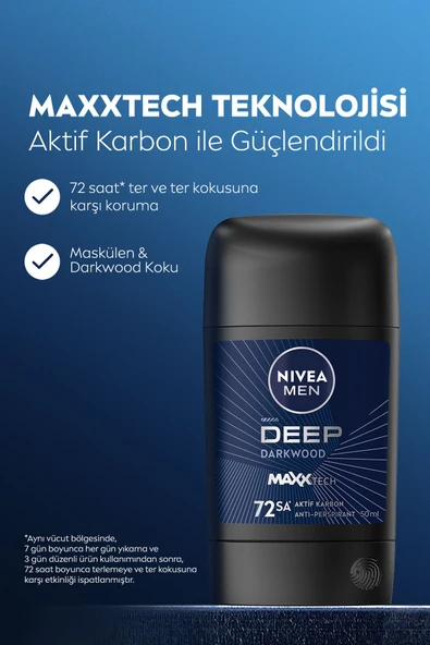 NIVEA MEN Erkek Stick Deodorant Deep Dimension Aktif Karbon 50ml, 72 Saat Anti-perspirant Koruma - 3