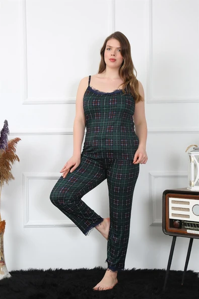 Moda Çizgi Kadın Büyük Beden Yeşil Ekoseli İp Askılı Pijama Takım 202197 - Resim 4