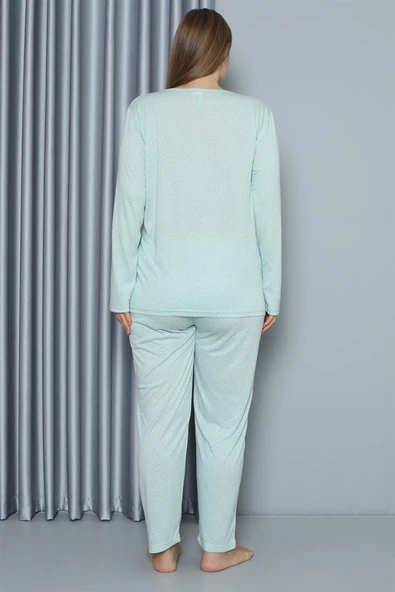 Moda Çizgi Kadın Büyük Beden Penye Uzun Kol Pijama Takım 202212 - Resim 5
