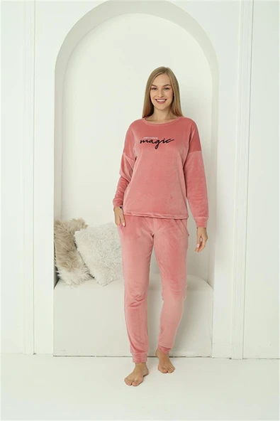 Moda Çizgi Kadın Kadife Pembe Pijama Takım 20624 - 3