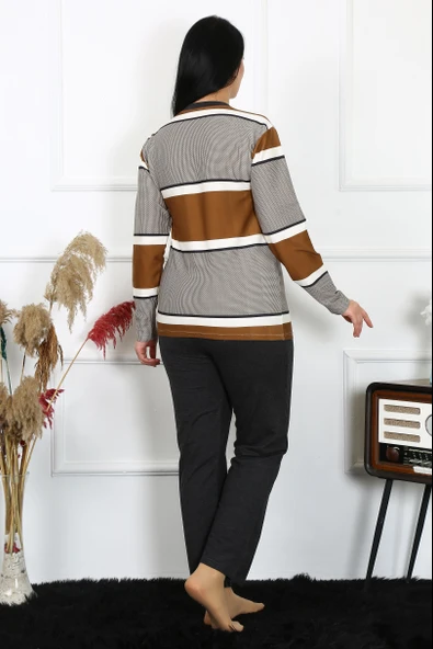 Moda Çizgi Kadın Büyük Beden Penye Uzun Kol Pijama Takım 202214 - 3