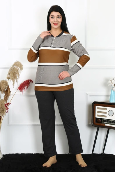 Moda Çizgi Kadın Büyük Beden Penye Uzun Kol Pijama Takım 202214 - 4