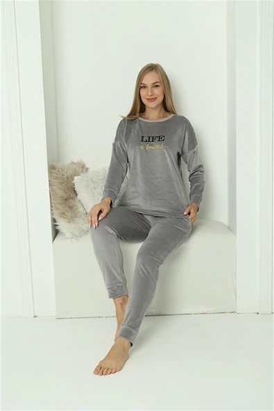 Moda Çizgi Kadın Kadife Gri Pijama Takım 20624 - 7
