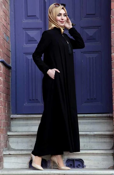 Medine İpeği Tesettür Pile Detaylı Ferace MDC-0165 Siyah - 4