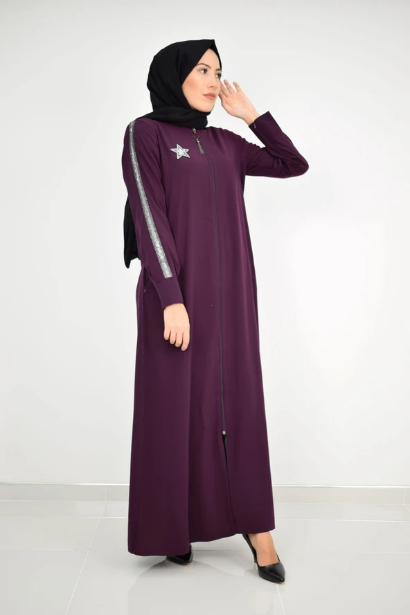 Yıldız Arma Desenli Kol Seritli Tesettür Ferace Mor 2176 - 3